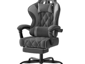 Devoko Fabric Gaming Chair for Adults with Footrest – Ergonomic Reclining Computer Desk Chair with Pocket Spring Cushion, Headrest & Massage Lumbar Support, Dark Grey, for Home Office
