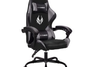 T-THREE.Ergonomic high-back gaming, computer, office, study, swivel, and racing-style chair with adjustable lumbar and headrest support, 150kg weight capacity, ideal for home office(Gray)