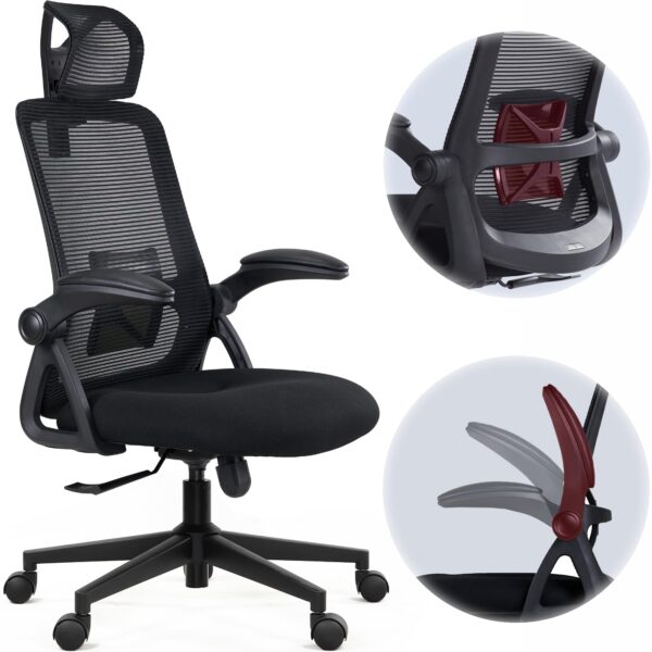 Realm of Thrones CAPTAIN Ergonomic Office Chair for Home, Heavy Duty Steel Base, Versatile Flip-up Armrests, Adjustable Lumbar Support, Mesh Back Comfort Cushion Seat for Computer Desk/Gaming (Black)