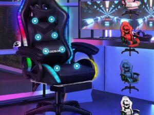 ELFORDSON Gaming Chair with 8-Point Massage LED Light, Computer Office Chair with Footrest 82cm High Back 150° Recliner, PU Leather, Black