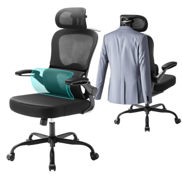 Aevoriax N56 Ergonomic Office Chair - Dual Backrest Design, Adjustable Lumbar Support, Thick Padded Seat, Flip-Up Armrests, Tilt Function - Ideal for Home Office, Gaming & Conference, Black