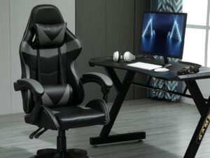 mcc direct Swivel Faux Leather Office Chair Racing Sports Gaming Tilt Computer Desk Chair with Headrest & Lumbar Cushion A (Grey)